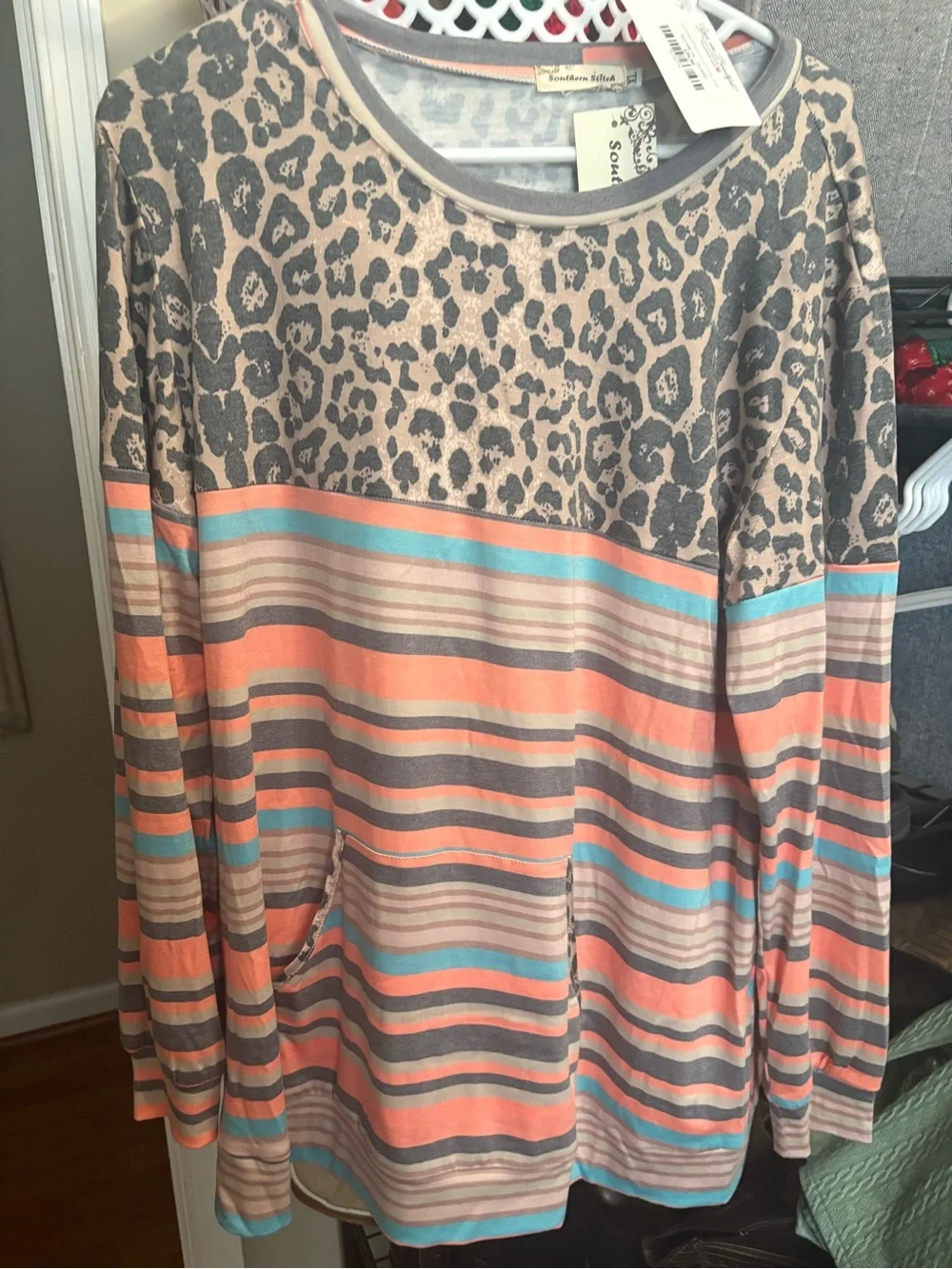 Ladies new Striped & Leopard Print Long Sleeve Pullover - Coral/Turquoise/Gray